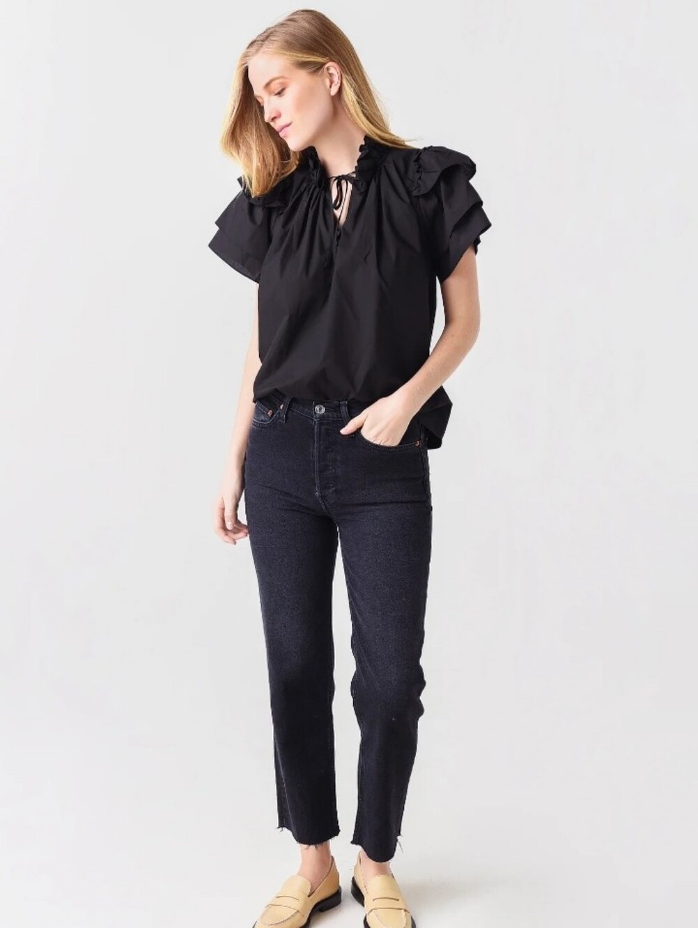 HUNTER BELL New York 100% Cotton Black Ruffle-Tie Short Sleeve Blouse